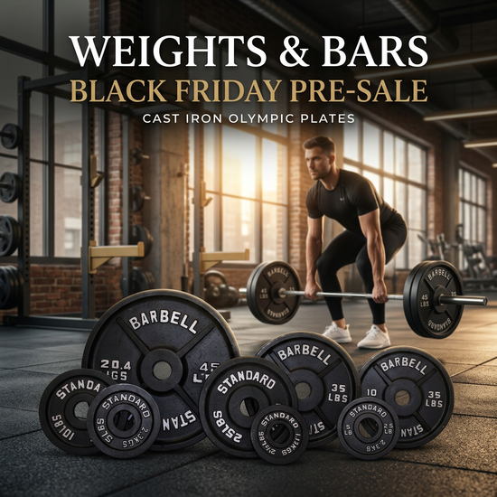 Weights & Bars Black Friday cast iron plate set with a male lifter in the background
