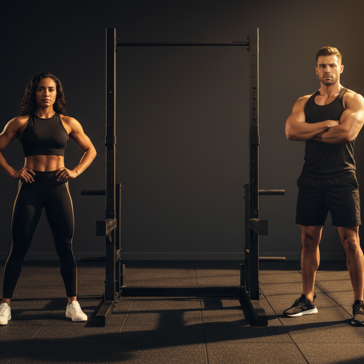 Weights & Bars – Deluxe Squat Stand with Male & Female Athletes
